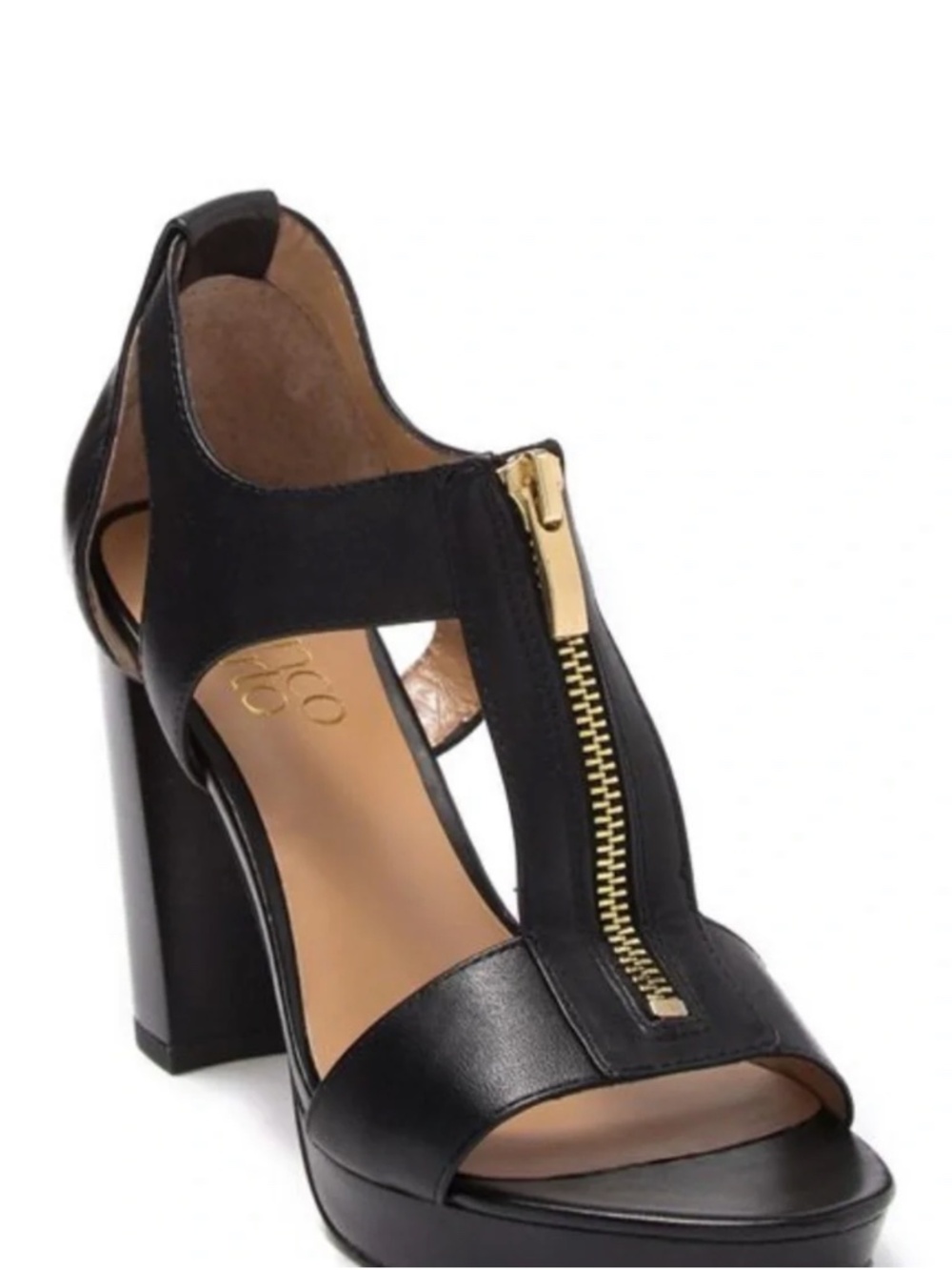 Franco Sarto Black Leather Open Toe 4” Heels W/ Gold Zipper Detail Size 8M